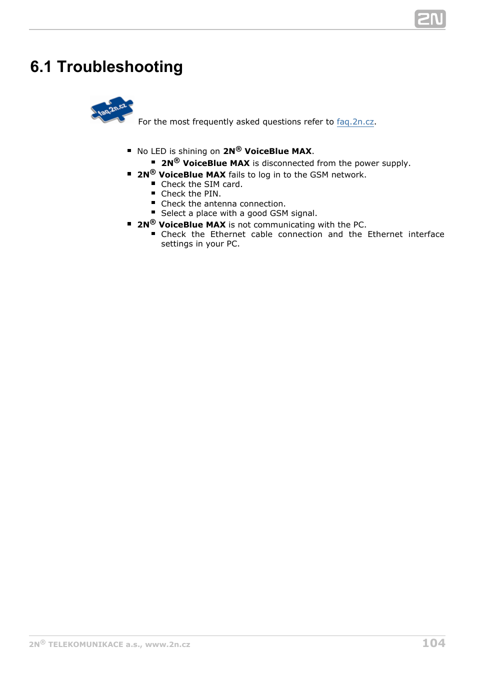 1 troubleshooting | 2N VoiceBlue MAX v1.4 User Manual | Page 104 / 109