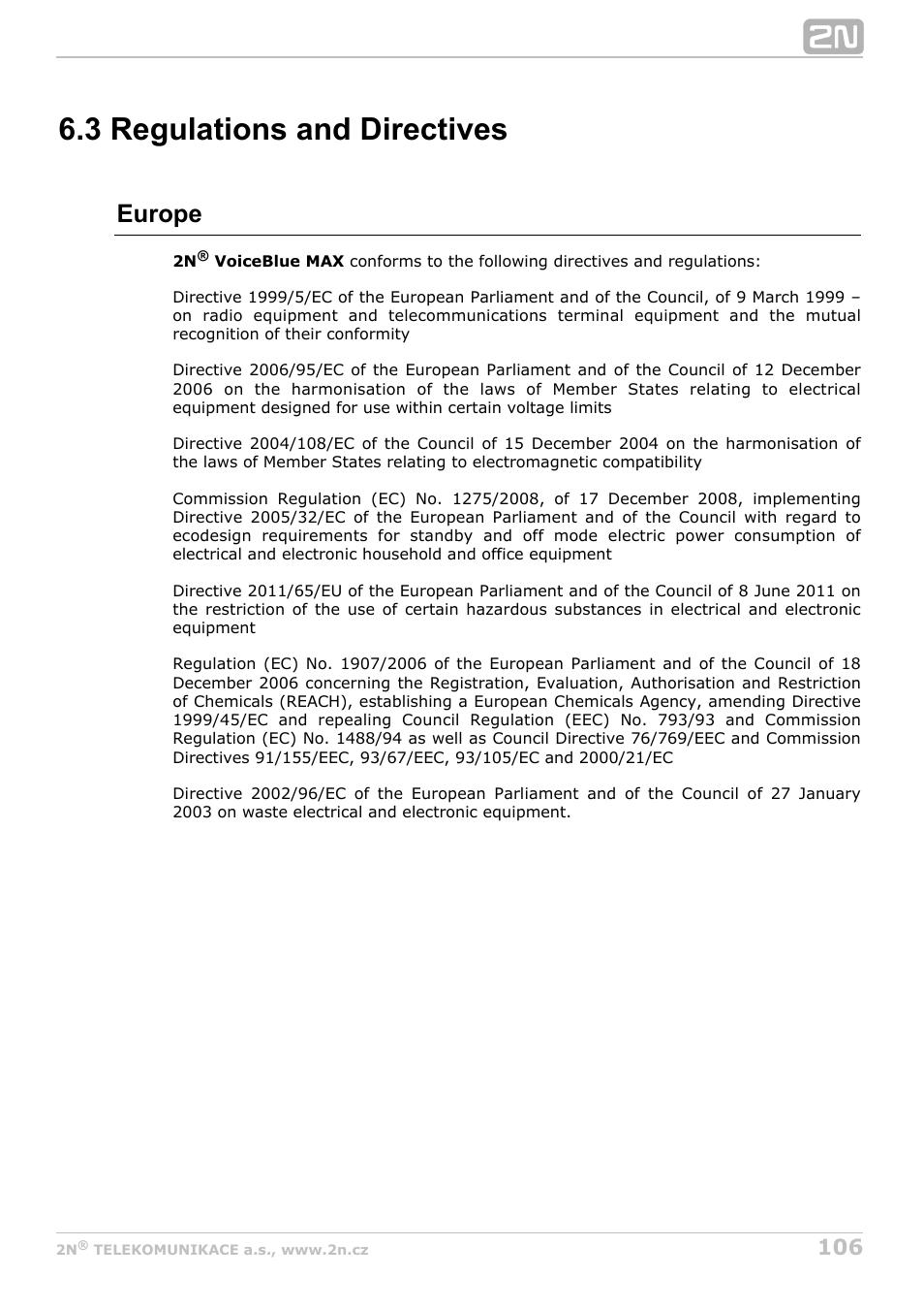 3 regulations and directives, Europe | 2N VoiceBlue MAX v1.4 User Manual | Page 106 / 109