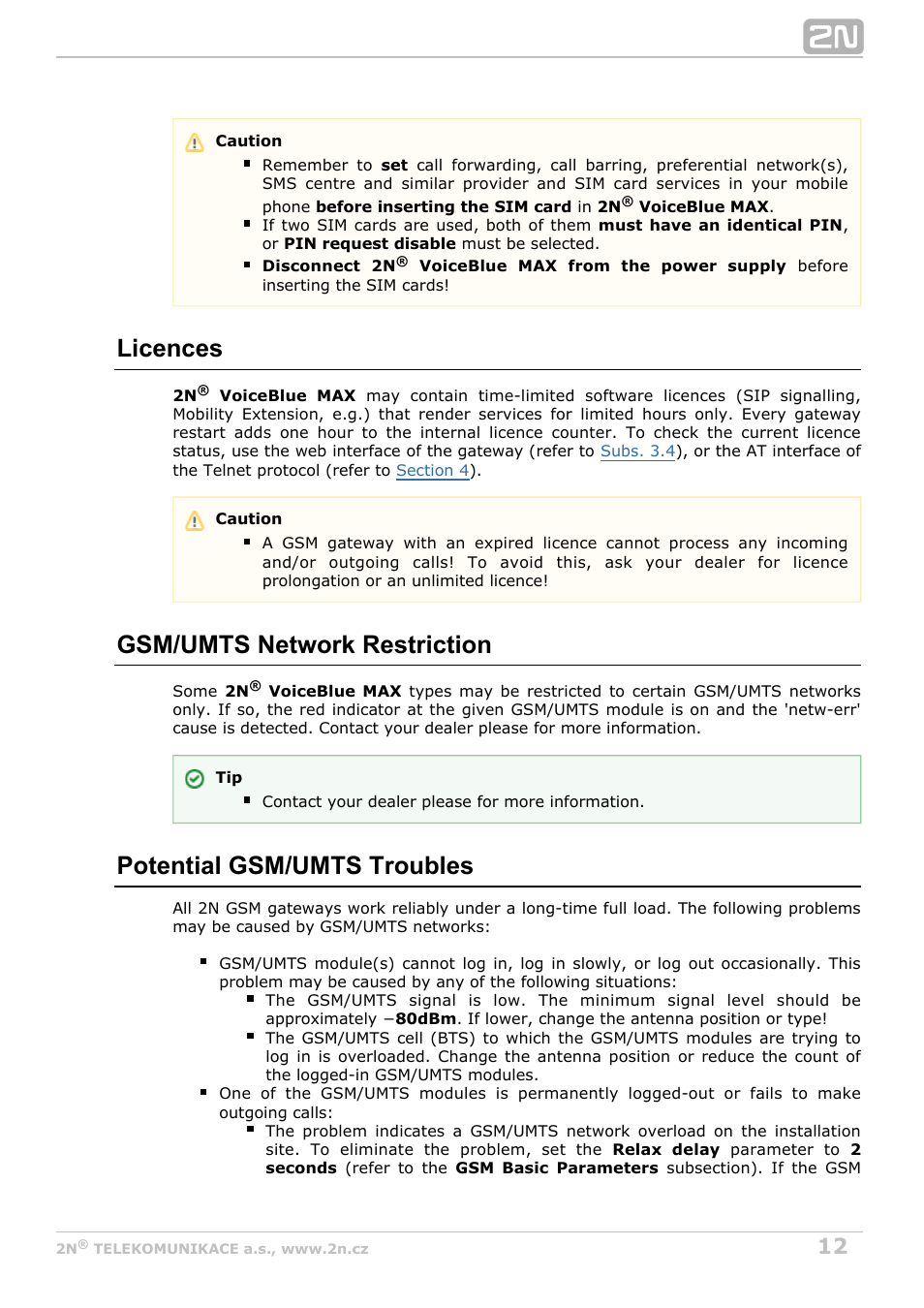 Licences, Gsm/umts network restriction, Potential gsm/umts troubles | 2N VoiceBlue MAX v1.4 User Manual | Page 12 / 109