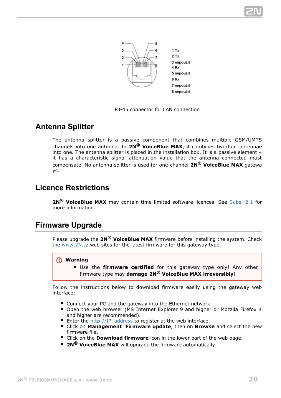 Antenna splitter, Licence restrictions, Firmware upgrade | 2N VoiceBlue MAX v1.4 User Manual | Page 20 / 109