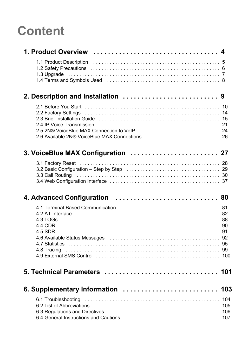 Content, Product overview, Description and installation | Voiceblue max configuration, Advanced configuration, Technical parameters 6. supplementary information | 2N VoiceBlue MAX v1.4 User Manual | Page 3 / 109