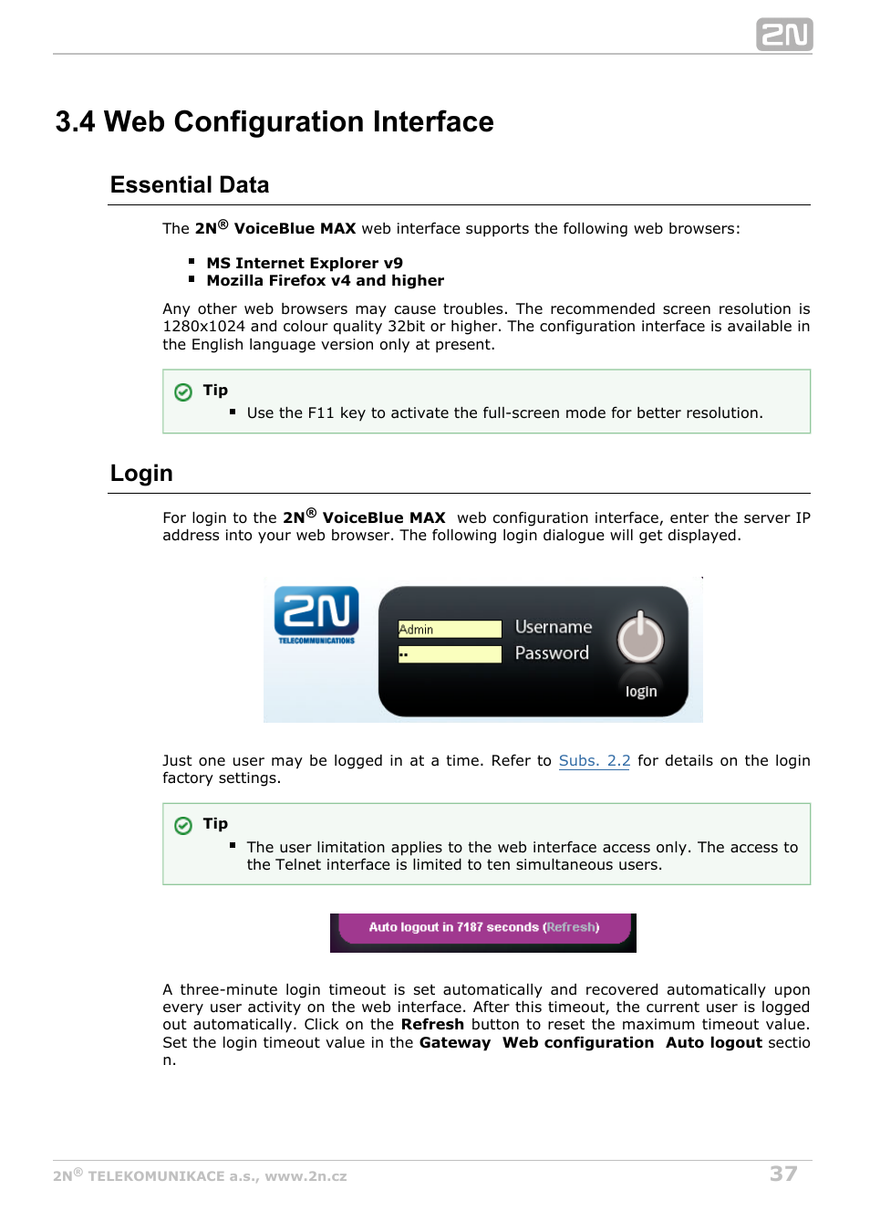 4 web configuration interface, Subs. 3.4, Essential data | Login | 2N VoiceBlue MAX v1.4 User Manual | Page 37 / 109