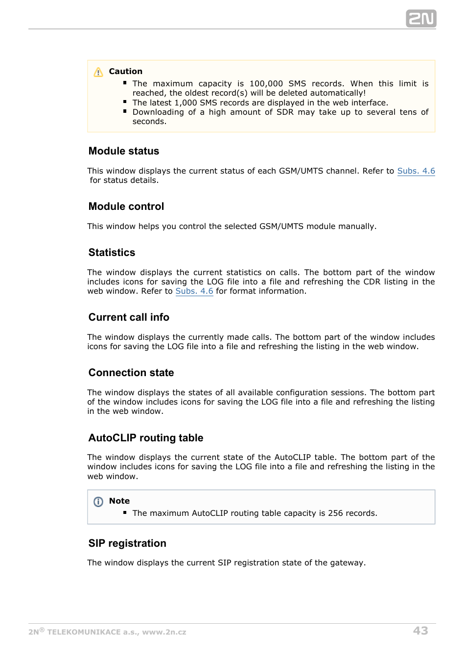 Module status, Module control, Statistics | Current call info, Connection state, Autoclip routing table, Sip registration | 2N VoiceBlue MAX v1.4 User Manual | Page 43 / 109