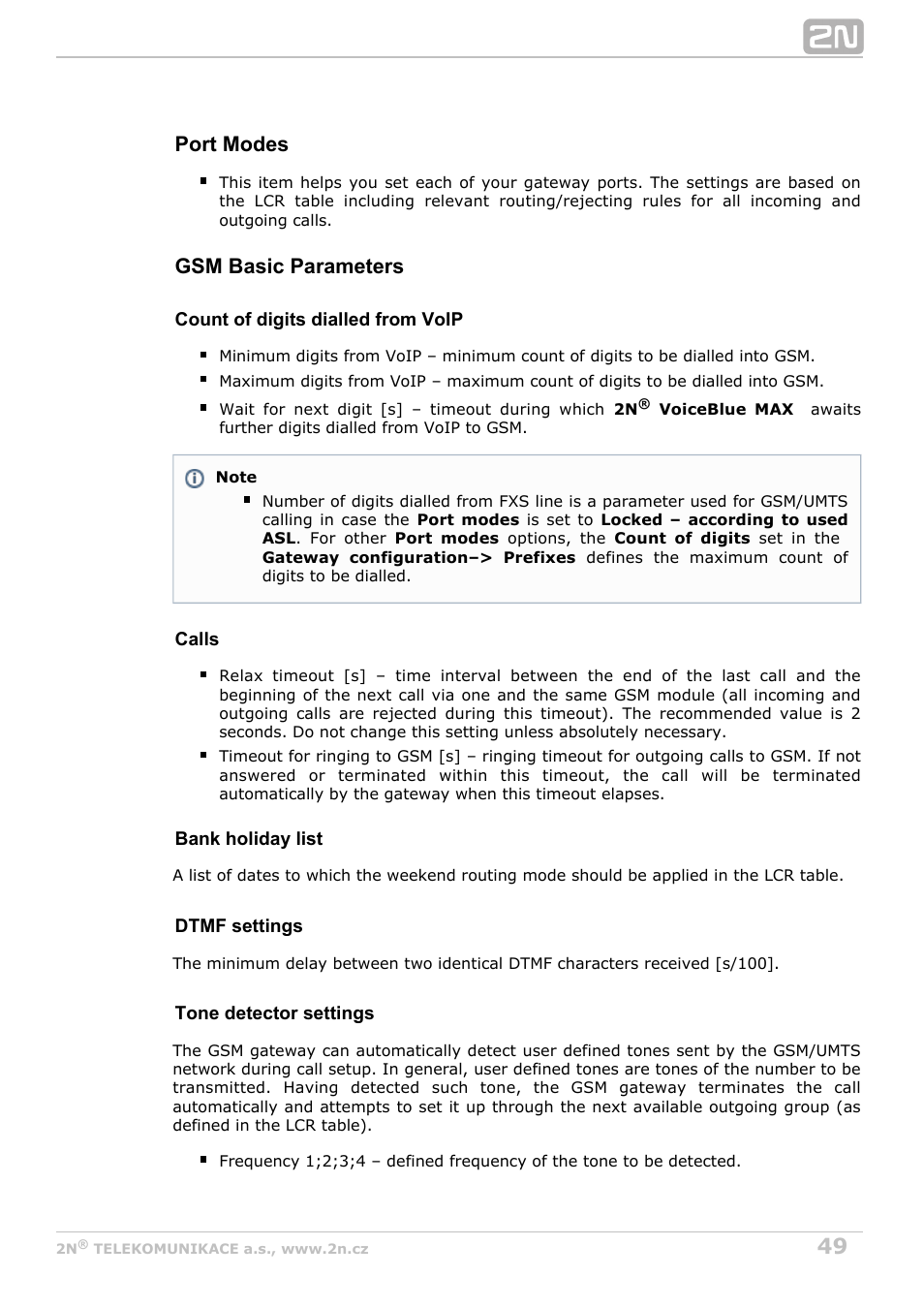 Port modes, Gsm basic parameters | 2N VoiceBlue MAX v1.4 User Manual | Page 49 / 109