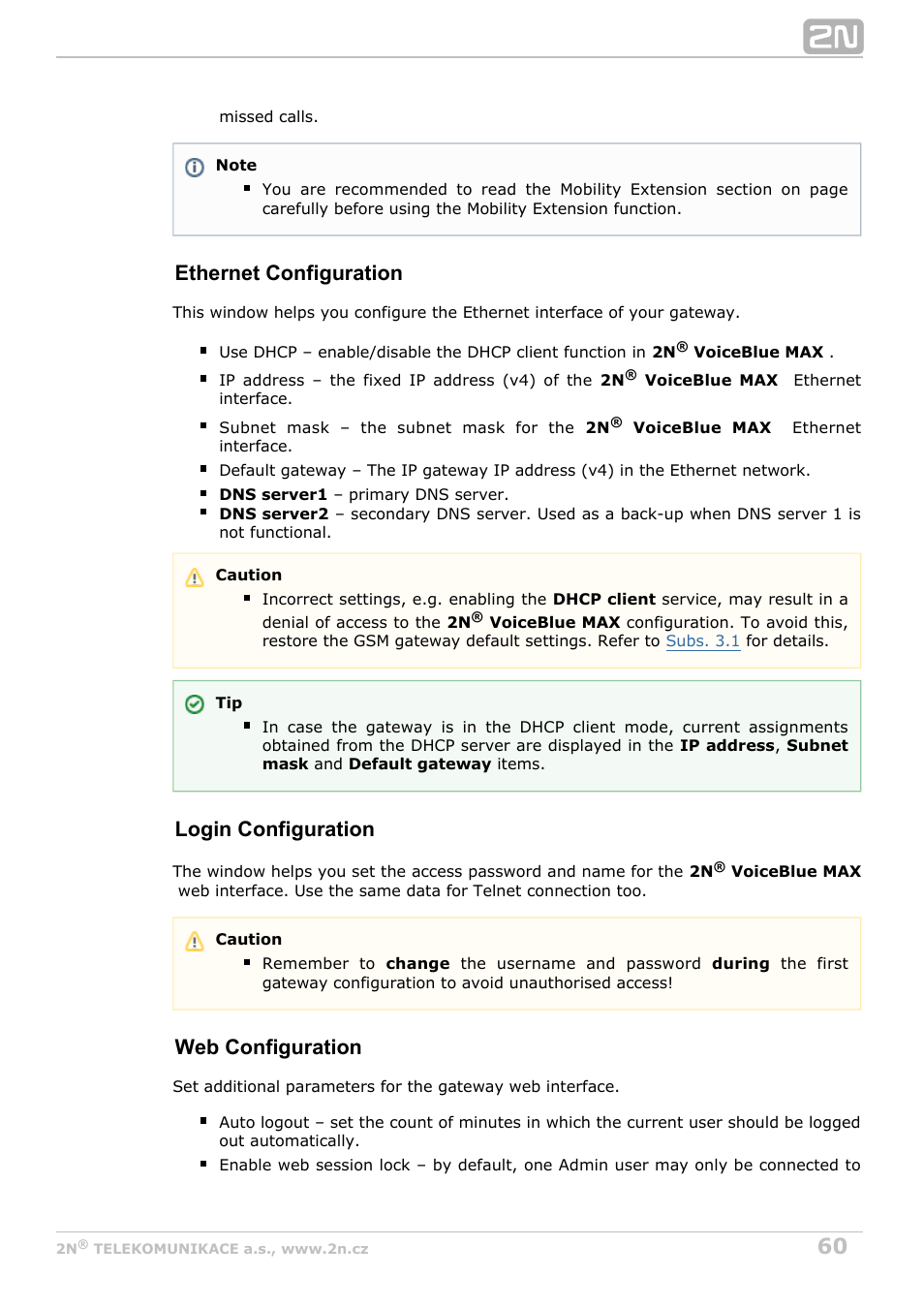 Ethernet configuration, Login configuration, Web configuration | 2N VoiceBlue MAX v1.4 User Manual | Page 60 / 109