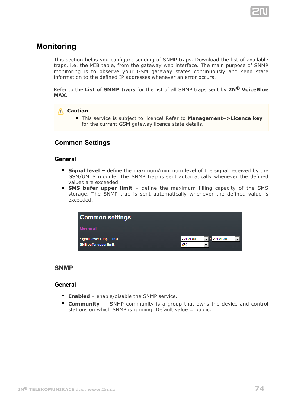 Monitoring, Common settings, Snmp | 2N VoiceBlue MAX v1.4 User Manual | Page 74 / 109