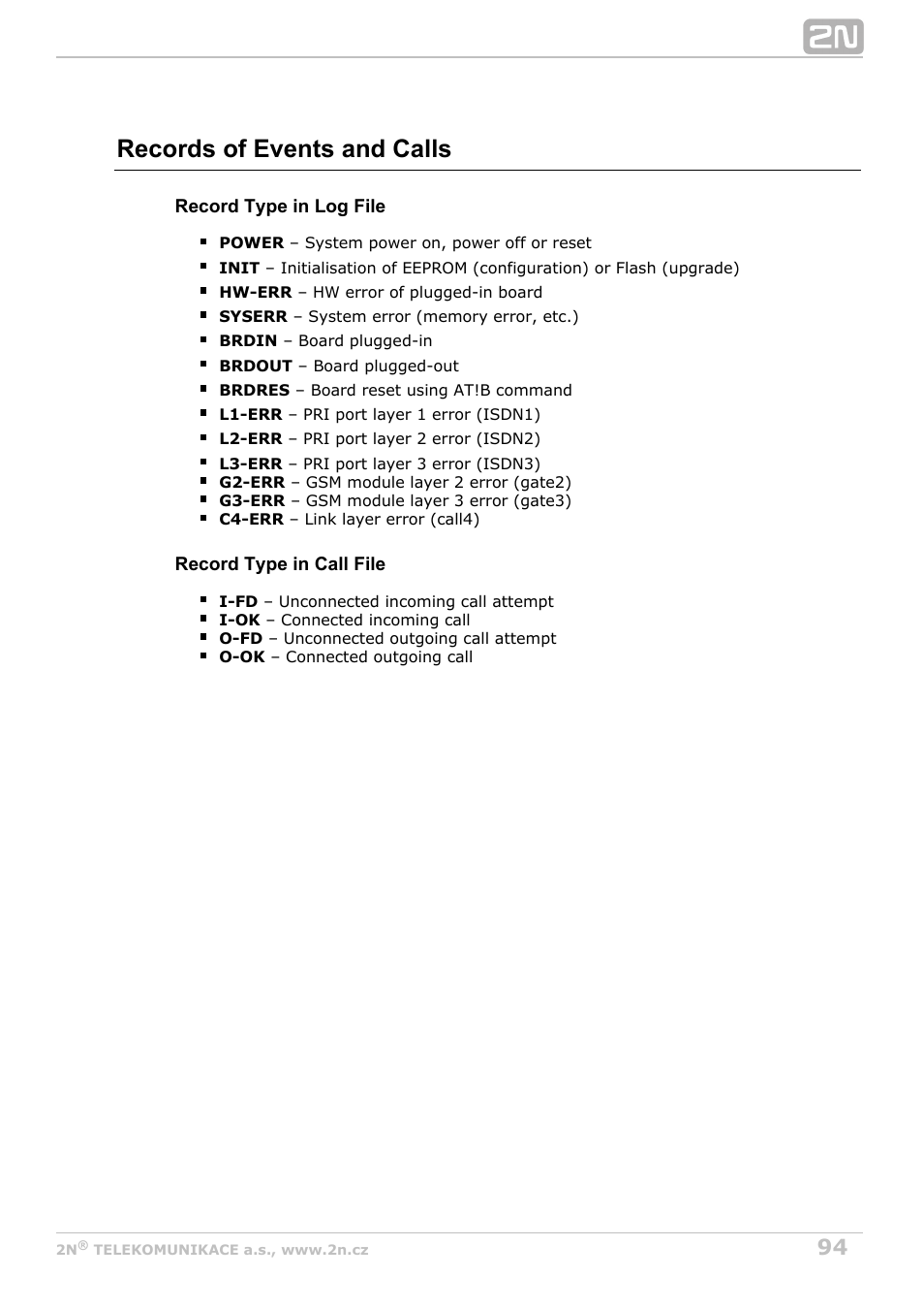 Records of events and calls | 2N VoiceBlue MAX v1.4 User Manual | Page 94 / 109