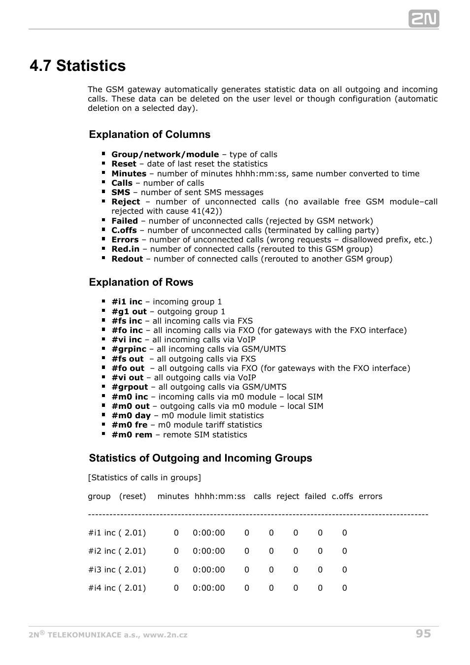 7 statistics, Explanation of columns, Explanation of rows | Statistics of outgoing and incoming groups | 2N VoiceBlue MAX v1.4 User Manual | Page 95 / 109