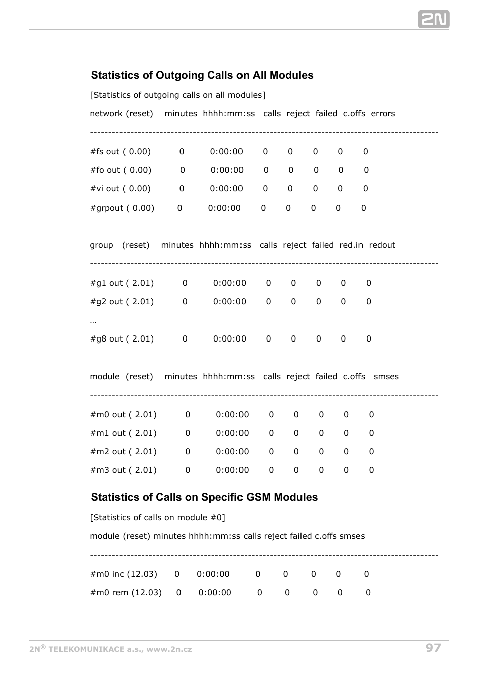 Statistics of outgoing calls on all modules, Statistics of calls on specific gsm modules | 2N VoiceBlue MAX v1.4 User Manual | Page 97 / 109