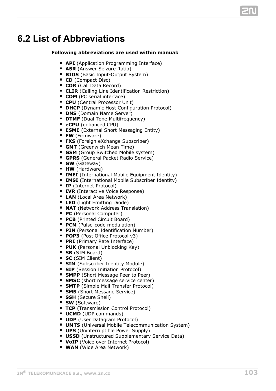 2 list of abbreviations | 2N VoiceBlue MAX v1.3 User Manual | Page 103 / 107