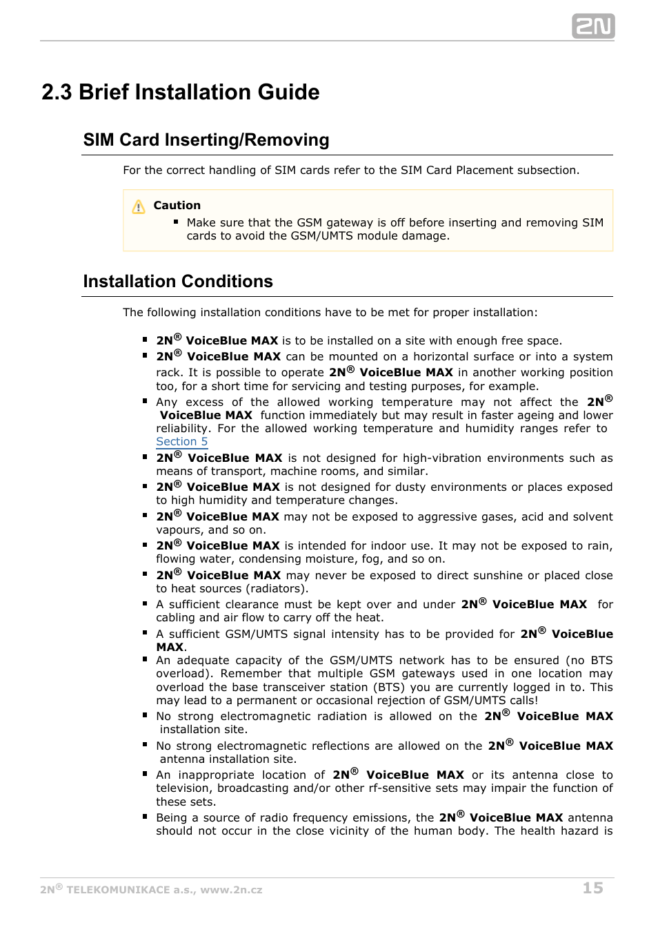 3 brief installation guide, Sim card inserting/removing, Installation conditions | 2N VoiceBlue MAX v1.3 User Manual | Page 15 / 107