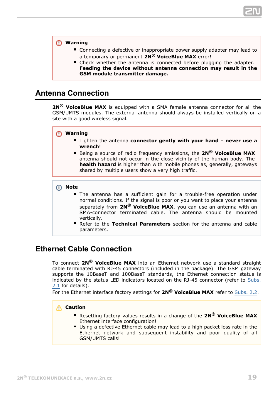 Antenna connection, Ethernet cable connection | 2N VoiceBlue MAX v1.3 User Manual | Page 19 / 107