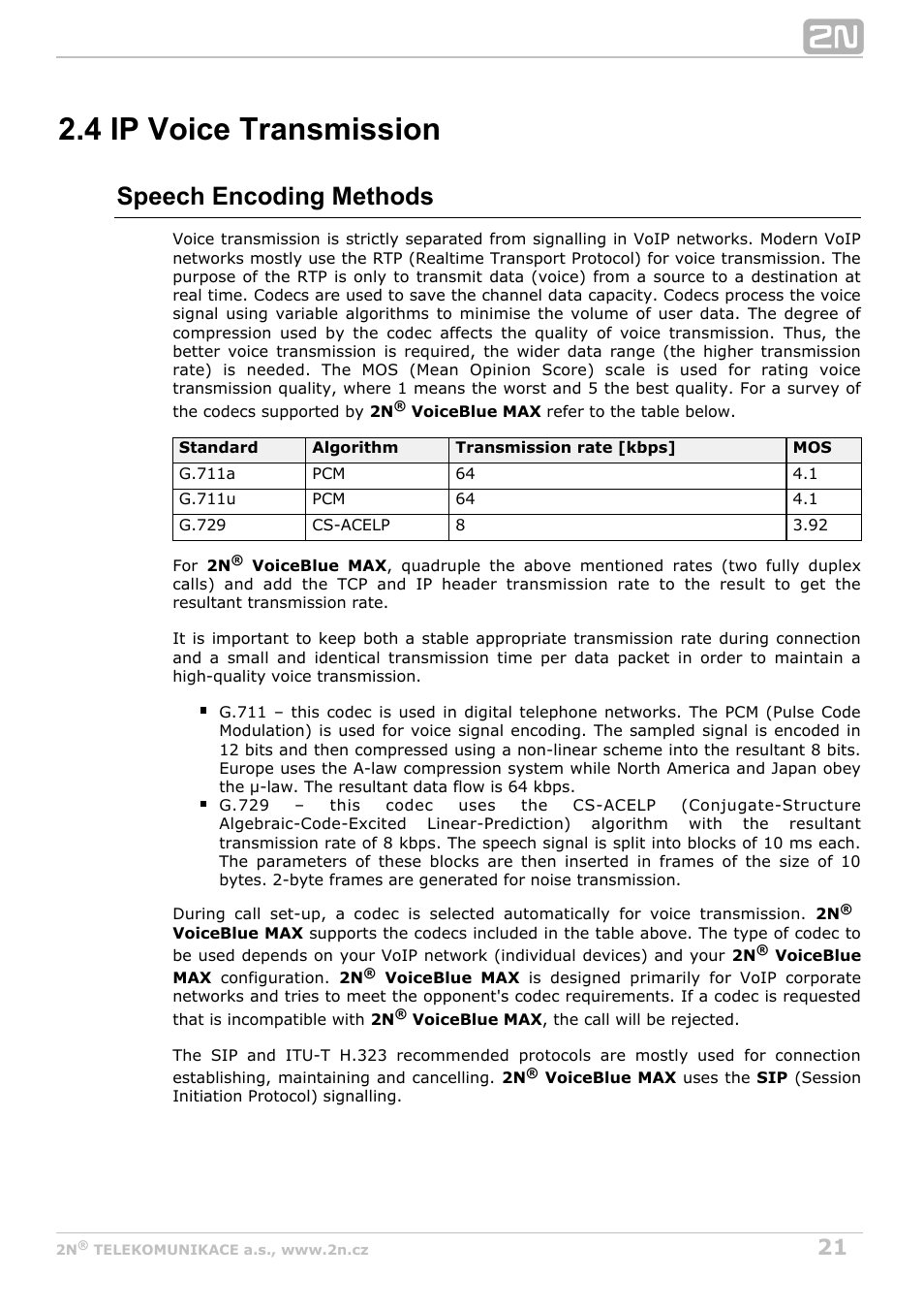 4 ip voice transmission, Speech encoding methods | 2N VoiceBlue MAX v1.3 User Manual | Page 21 / 107