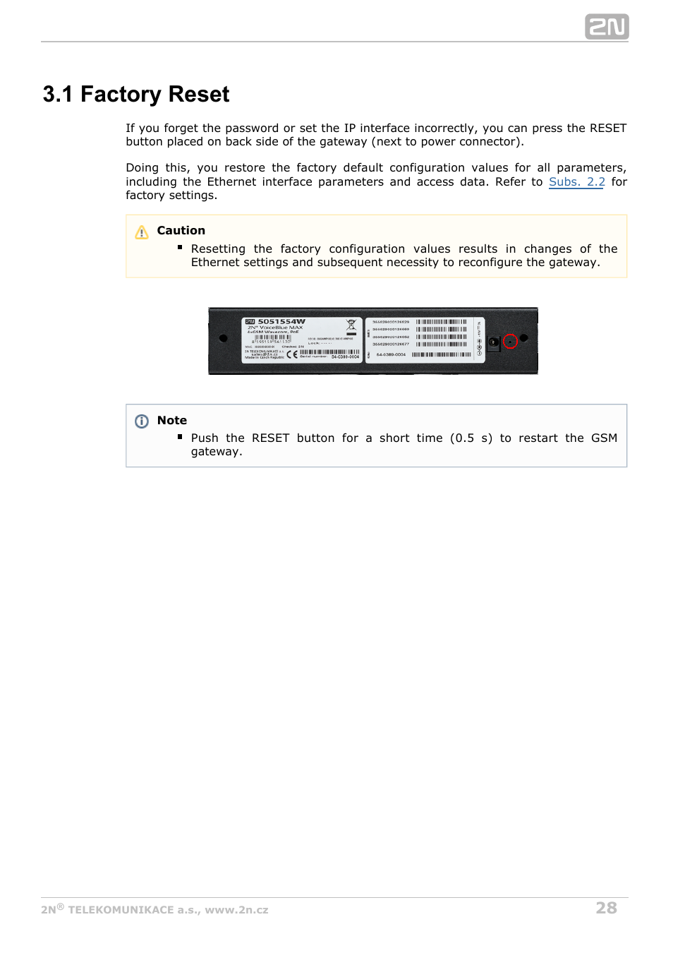 1 factory reset | 2N VoiceBlue MAX v1.3 User Manual | Page 28 / 107