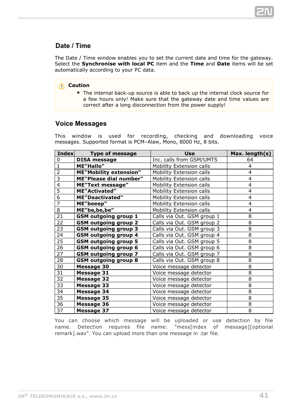 Date / time, Voice messages | 2N VoiceBlue MAX v1.3 User Manual | Page 41 / 107