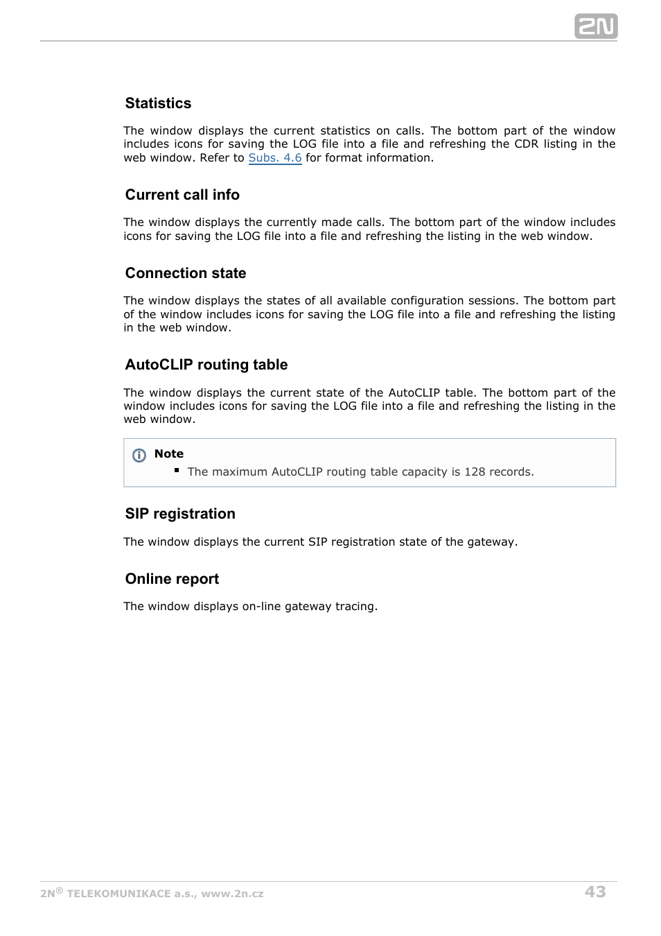 Statistics, Current call info, Connection state | Autoclip routing table, Sip registration, Online report | 2N VoiceBlue MAX v1.3 User Manual | Page 43 / 107
