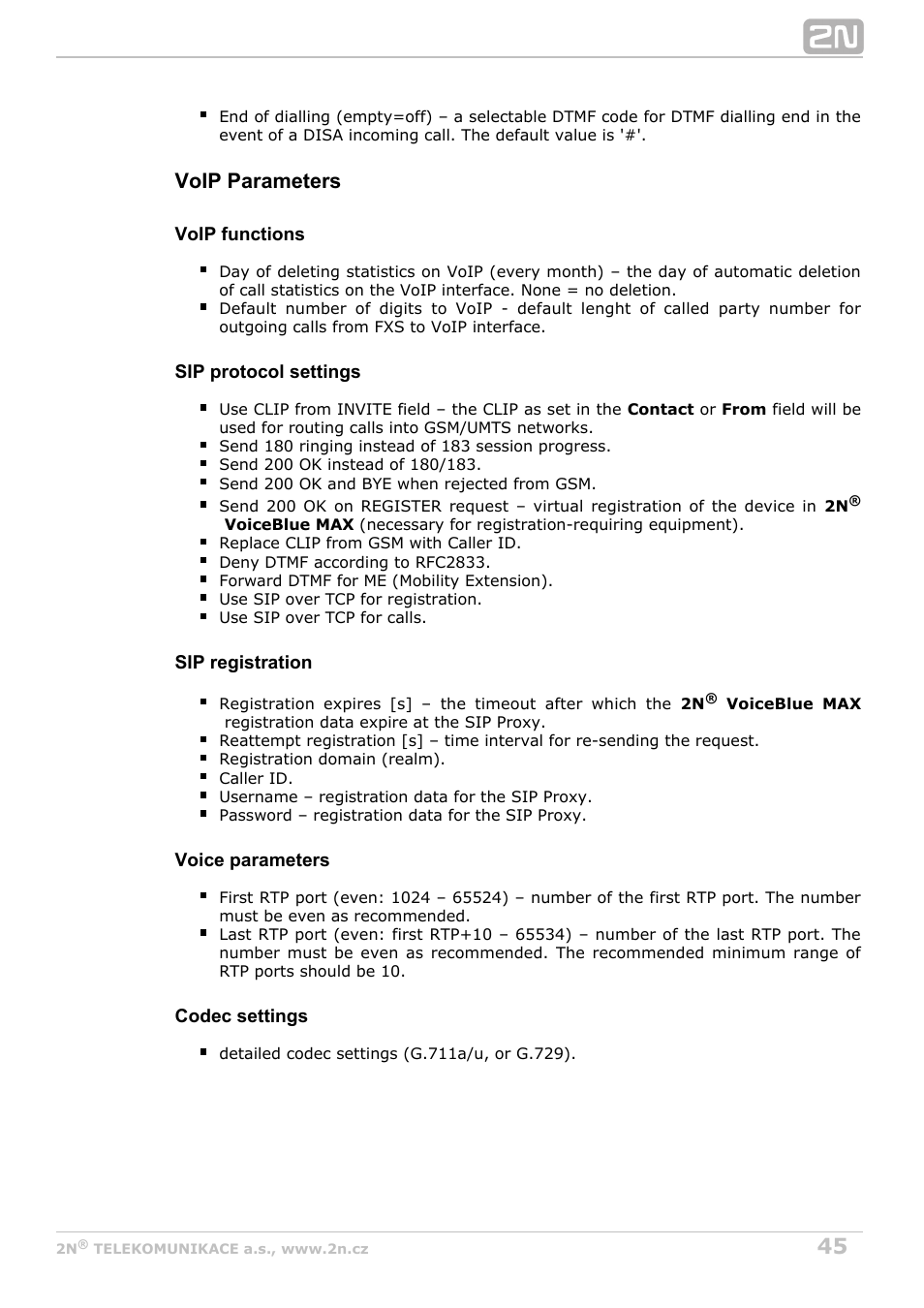 Voip parameters | 2N VoiceBlue MAX v1.3 User Manual | Page 45 / 107