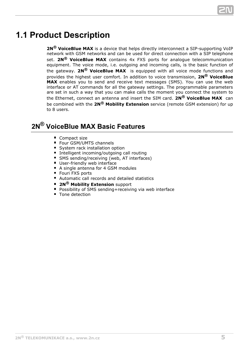 1 product description, 2n voiceblue max, Basic features | 2N VoiceBlue MAX v1.3 User Manual | Page 5 / 107