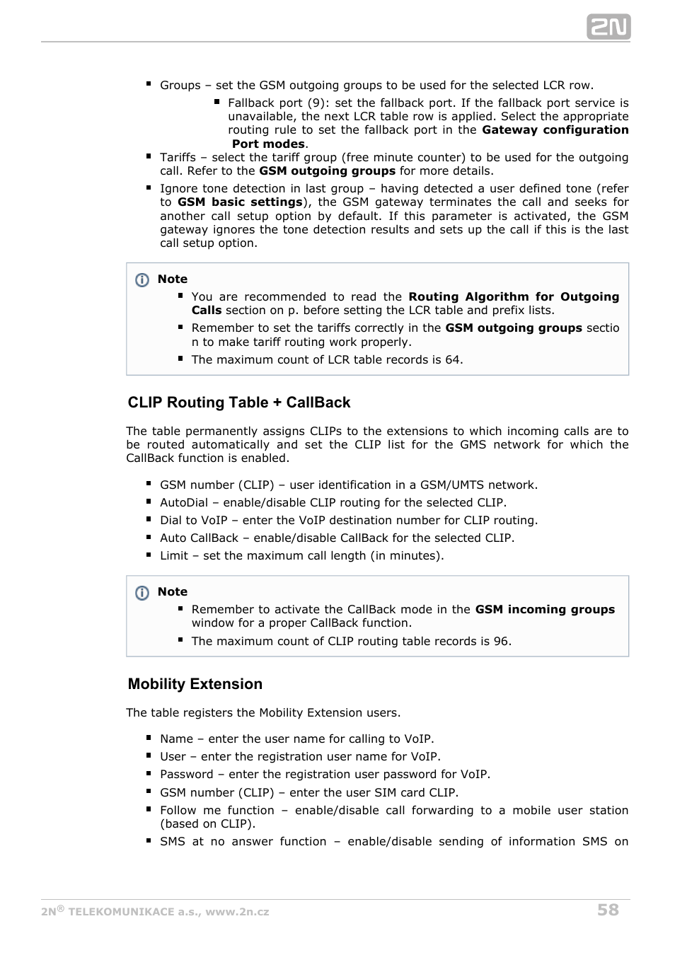 Clip routing table + callback, Mobility extension | 2N VoiceBlue MAX v1.3 User Manual | Page 58 / 107