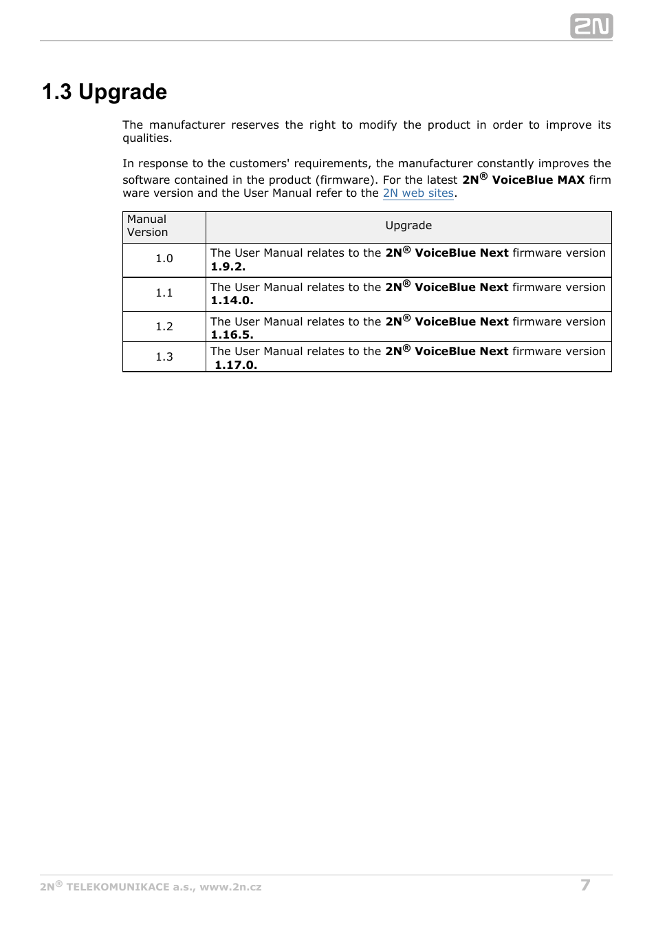 3 upgrade | 2N VoiceBlue MAX v1.3 User Manual | Page 7 / 107