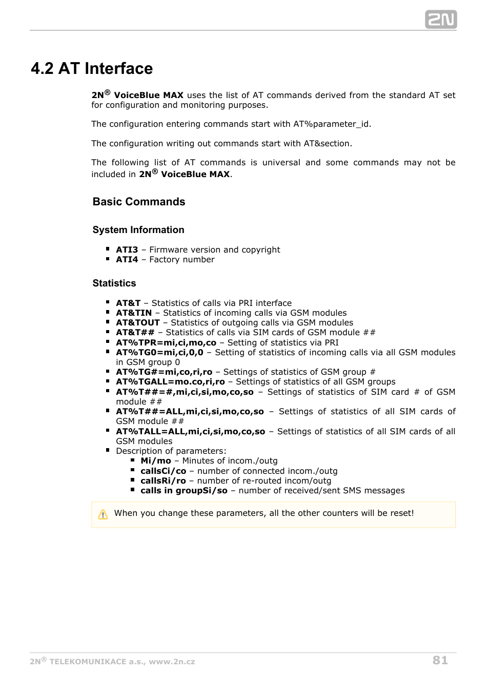 2 at interface, Subs.4.2, Basic commands | 2N VoiceBlue MAX v1.3 User Manual | Page 81 / 107
