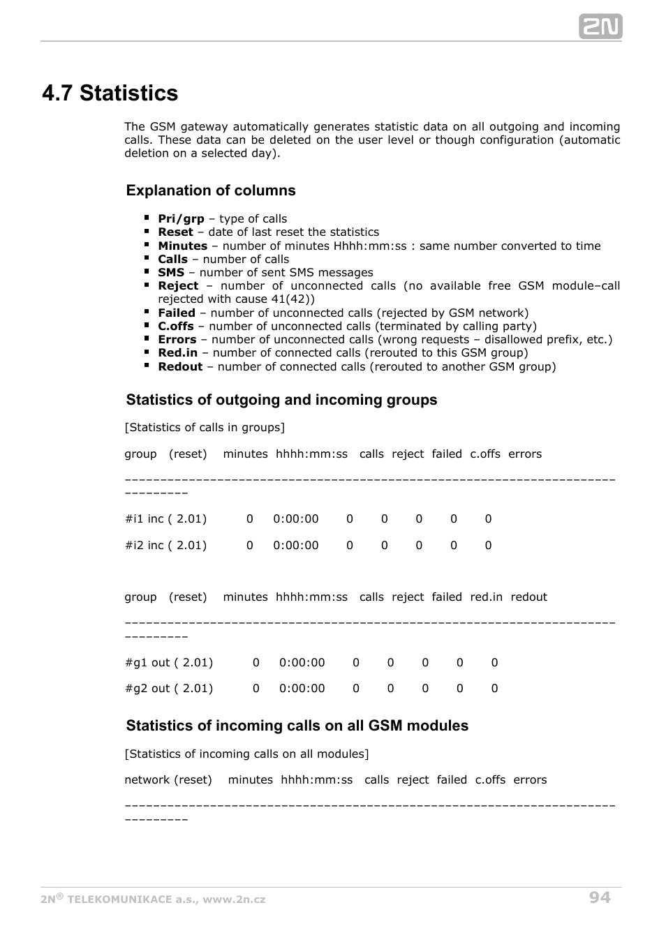 7 statistics, Explanation of columns, Statistics of outgoing and incoming groups | Statistics of incoming calls on all gsm modules | 2N VoiceBlue MAX v1.3 User Manual | Page 94 / 107