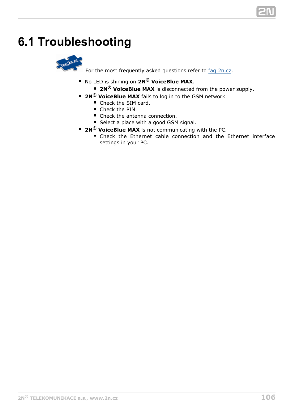 1 troubleshooting | 2N VoiceBlue MAX v1.2 User Manual | Page 106 / 111