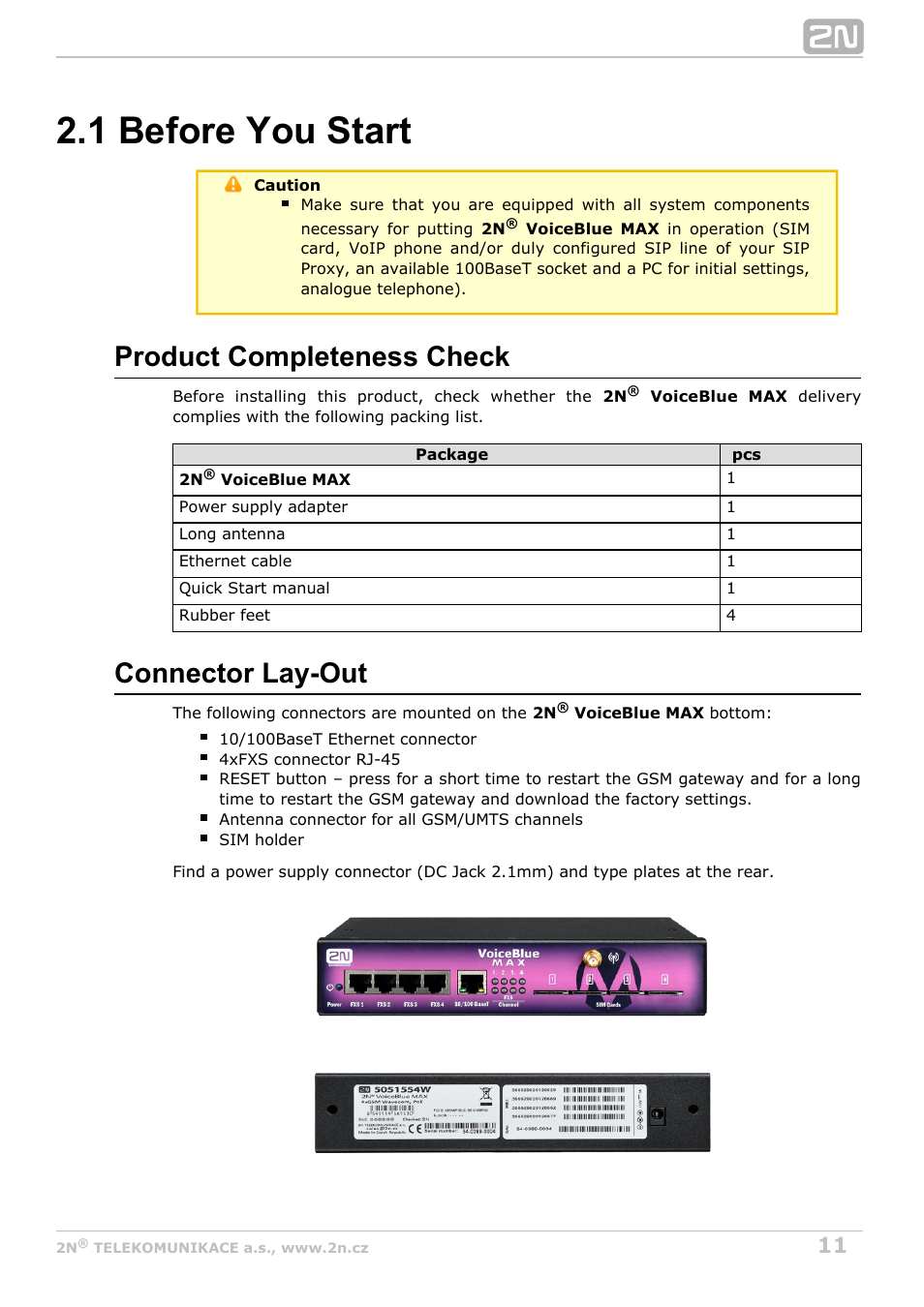 1 before you start, Product completeness check, Connector lay-out | 2N VoiceBlue MAX v1.2 User Manual | Page 11 / 111