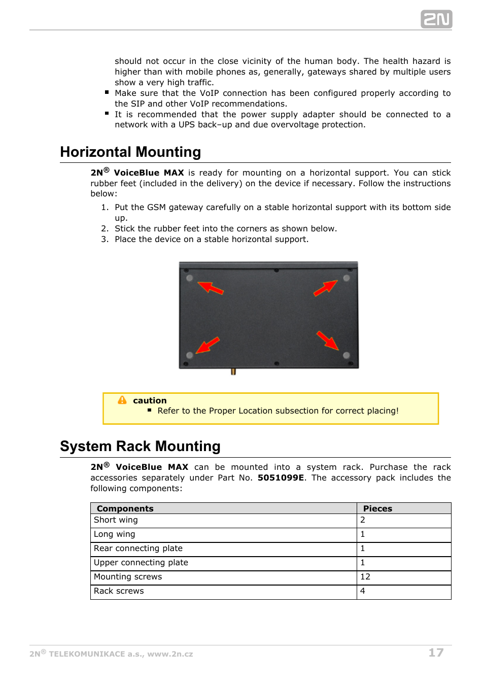 Horizontal mounting, System rack mounting | 2N VoiceBlue MAX v1.2 User Manual | Page 17 / 111