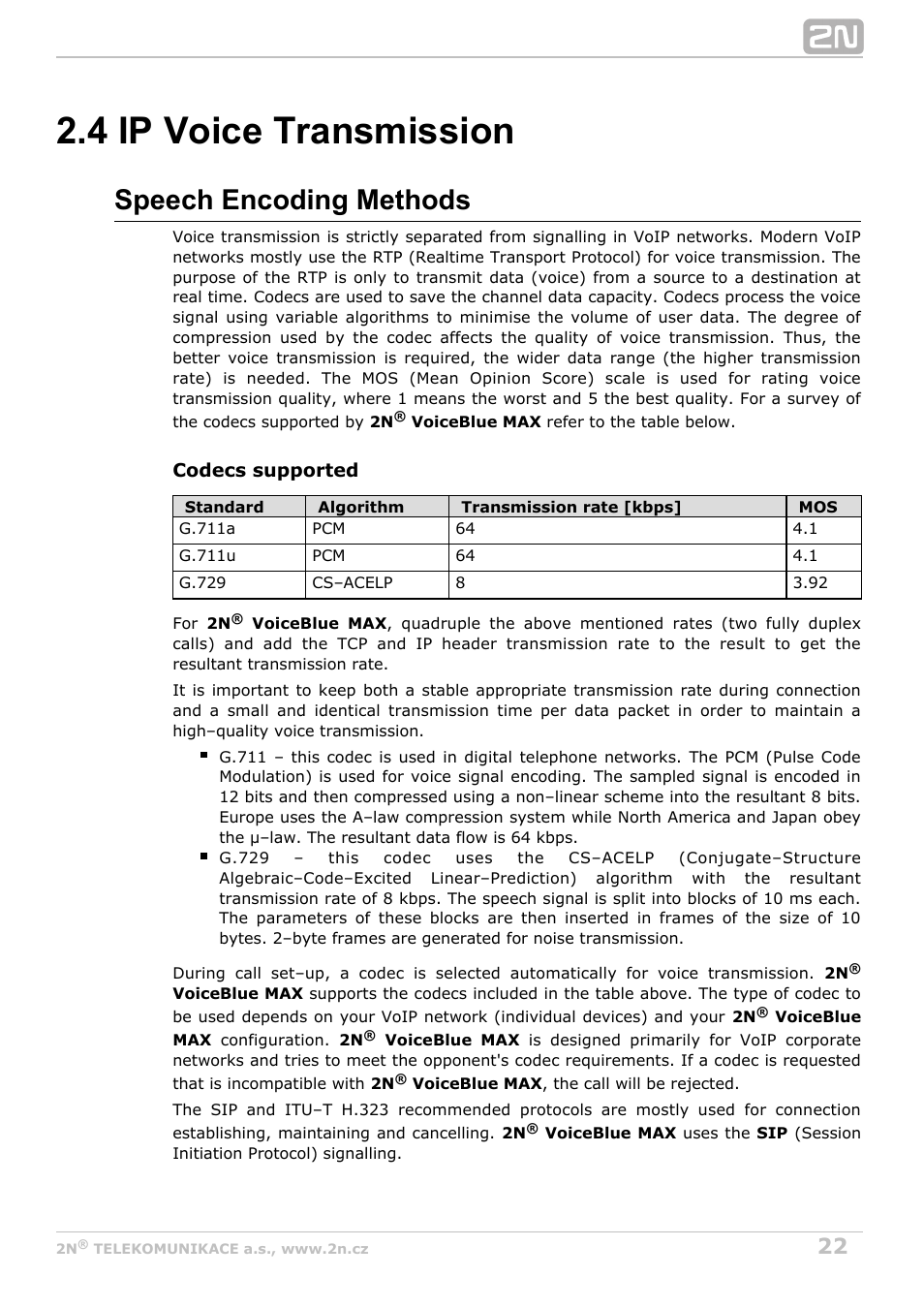 4 ip voice transmission, Speech encoding methods | 2N VoiceBlue MAX v1.2 User Manual | Page 22 / 111