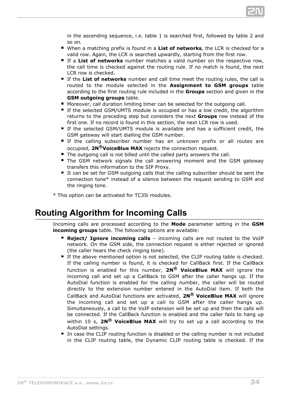 Routing algorithm for incoming calls | 2N VoiceBlue MAX v1.2 User Manual | Page 34 / 111