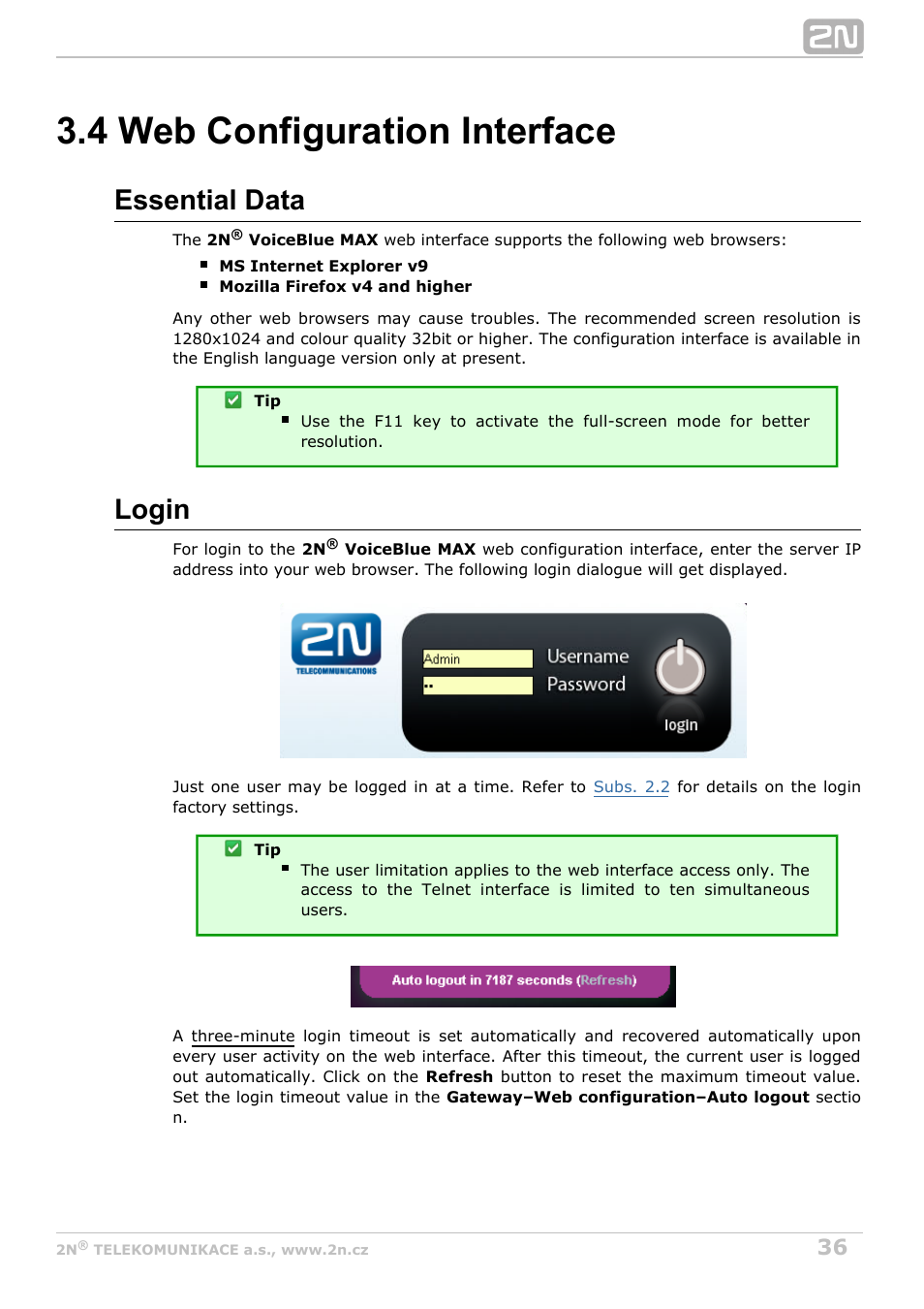 4 web configuration interface, Subs. 3.4, Essential data | Login | 2N VoiceBlue MAX v1.2 User Manual | Page 36 / 111