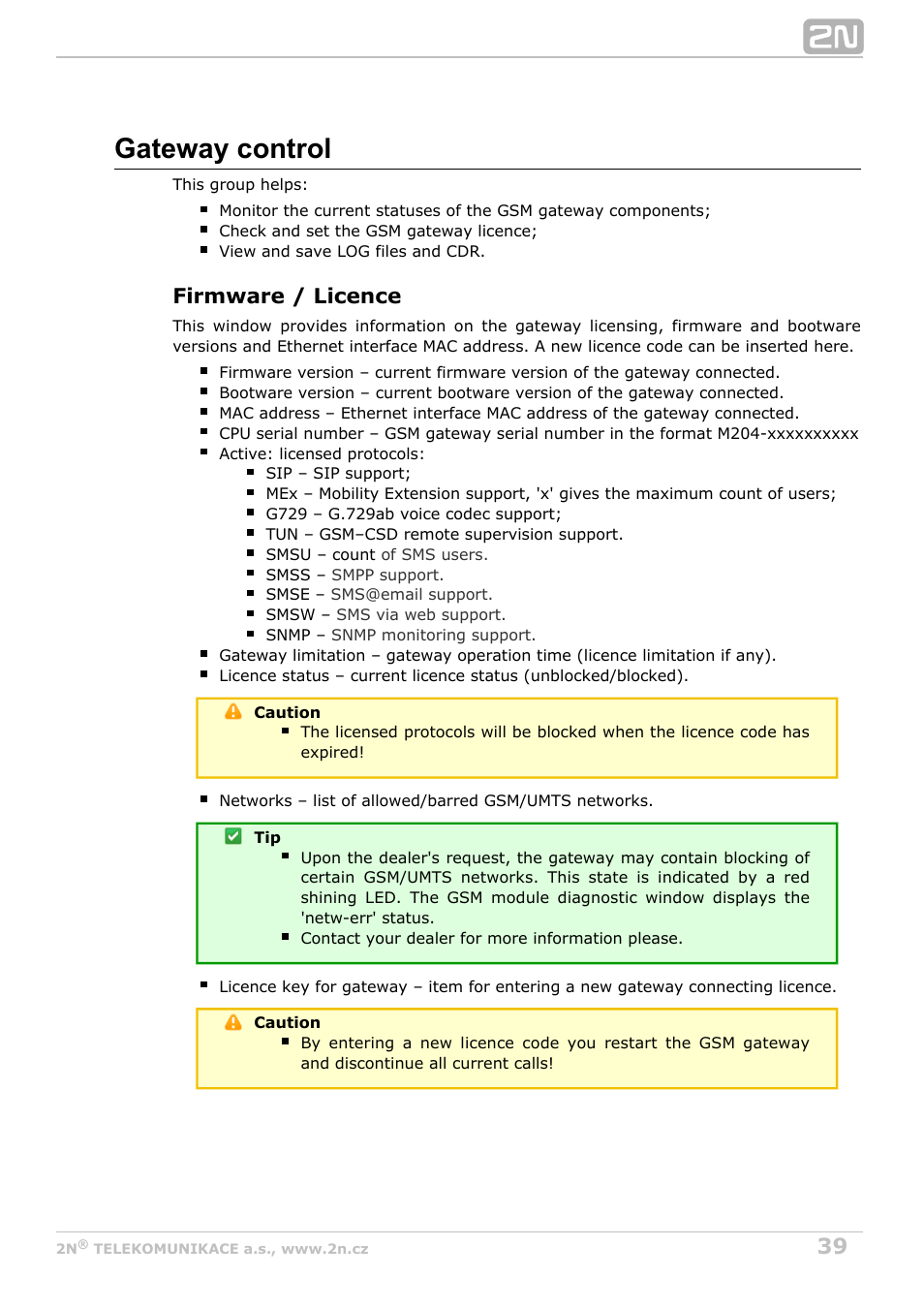 Gateway control, Firmware / licence | 2N VoiceBlue MAX v1.2 User Manual | Page 39 / 111