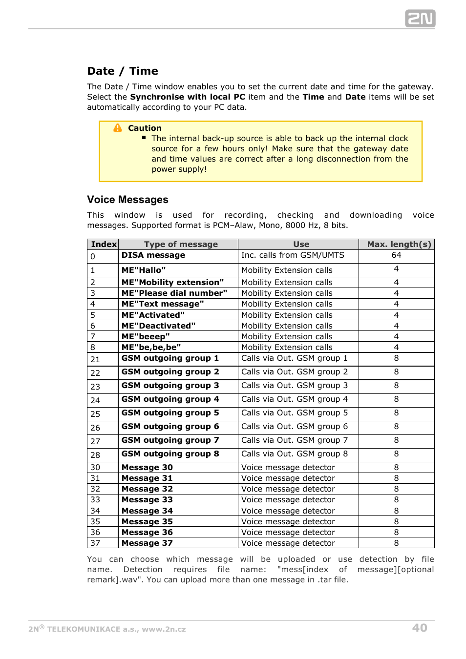 Date / time, Voice messages | 2N VoiceBlue MAX v1.2 User Manual | Page 40 / 111