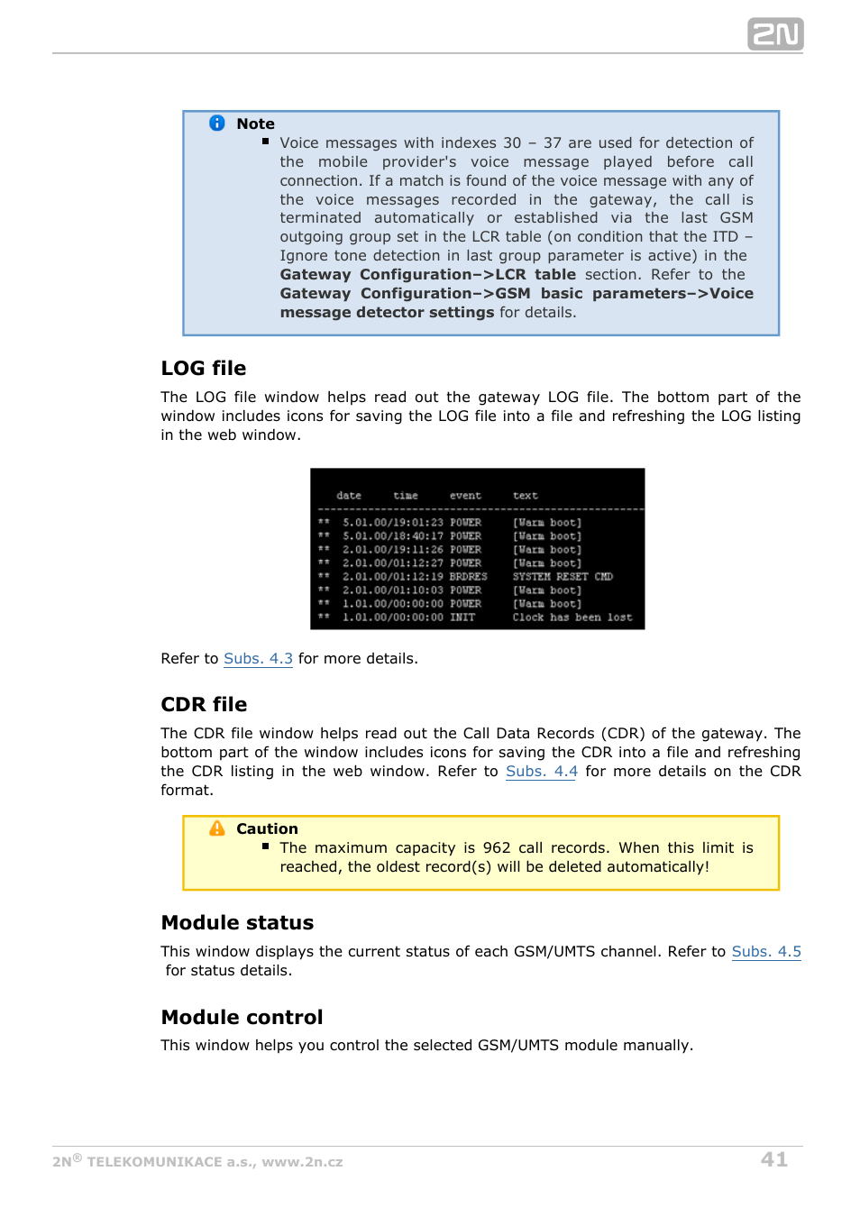 Log file, Cdr file, Module status | Module control | 2N VoiceBlue MAX v1.2 User Manual | Page 41 / 111