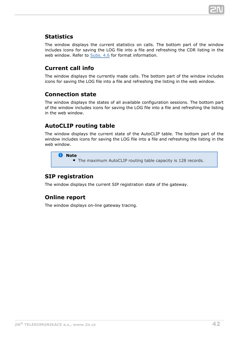 Statistics, Current call info, Connection state | Autoclip routing table, Sip registration, Online report | 2N VoiceBlue MAX v1.2 User Manual | Page 42 / 111