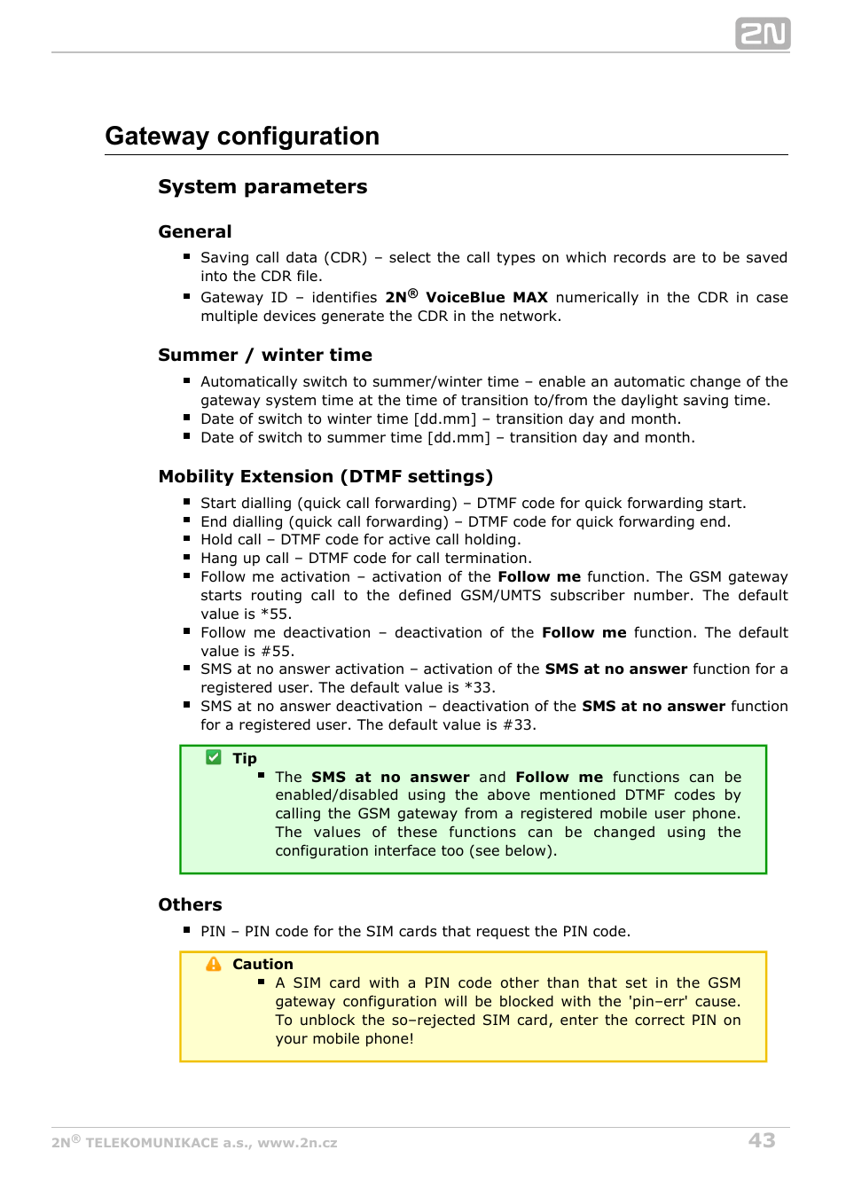 Gateway configuration, System parameters | 2N VoiceBlue MAX v1.2 User Manual | Page 43 / 111