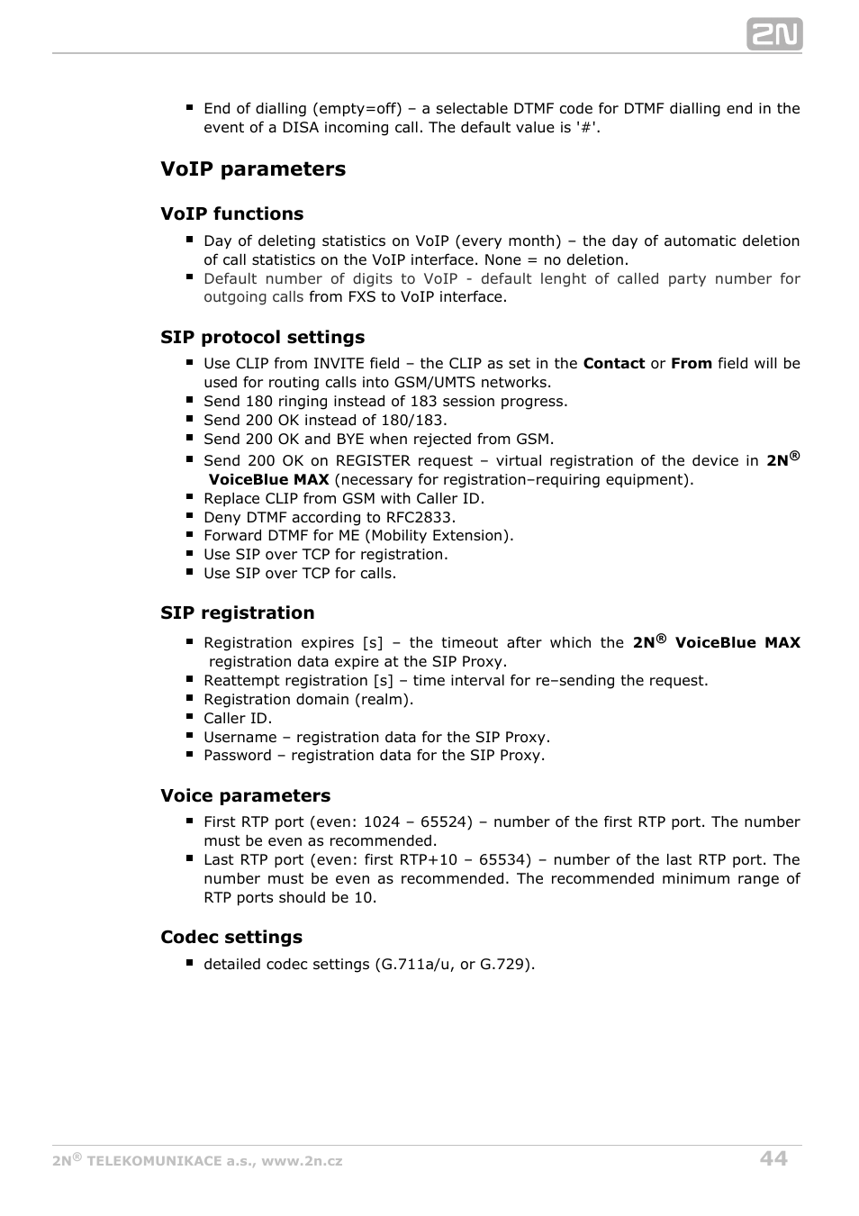 Voip parameters | 2N VoiceBlue MAX v1.2 User Manual | Page 44 / 111