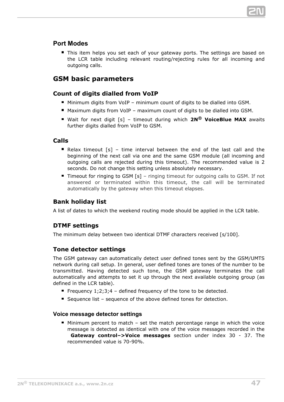 Port modes, Gsm basic parameters | 2N VoiceBlue MAX v1.2 User Manual | Page 47 / 111