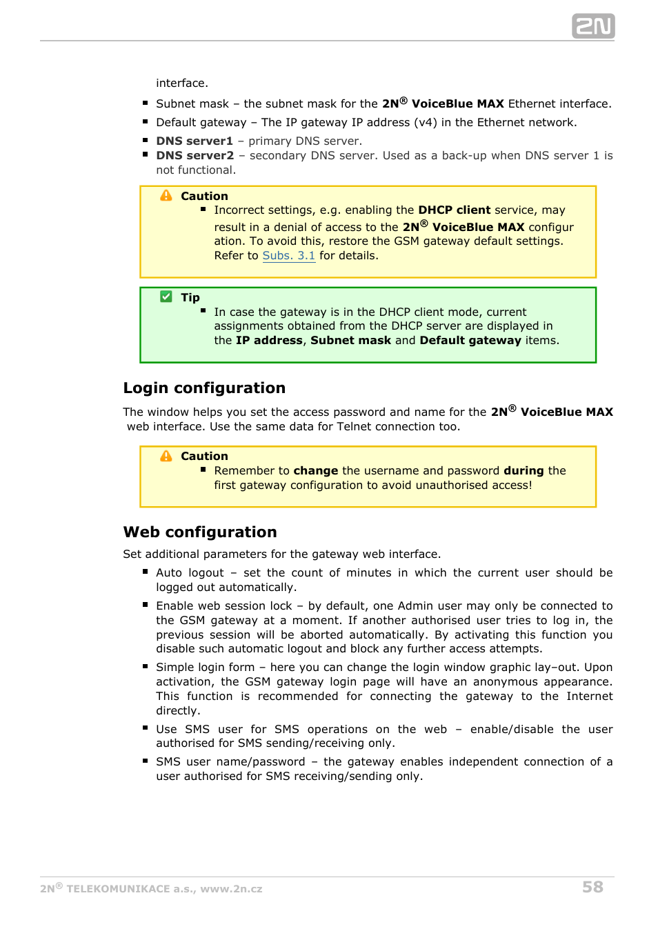 Login configuration, Web configuration | 2N VoiceBlue MAX v1.2 User Manual | Page 58 / 111
