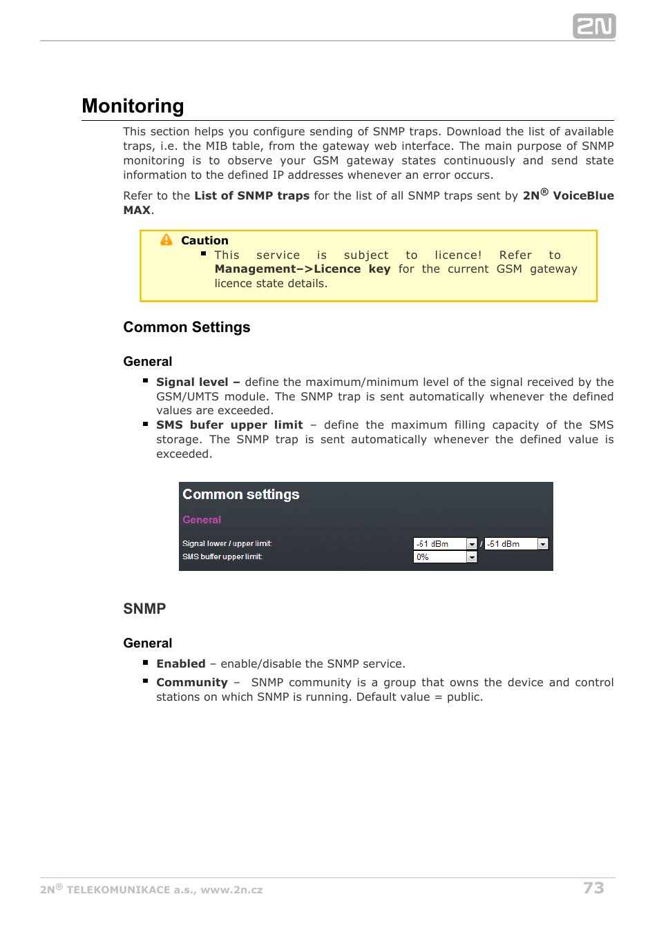 Monitoring, Common settings, Snmp | 2N VoiceBlue MAX v1.2 User Manual | Page 73 / 111