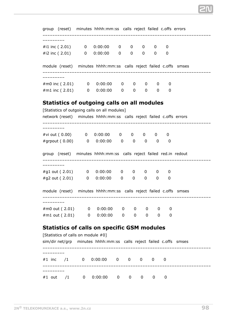 Statistics of outgoing calls on all modules, Statistics of calls on specific gsm modules | 2N VoiceBlue MAX v1.2 User Manual | Page 98 / 111
