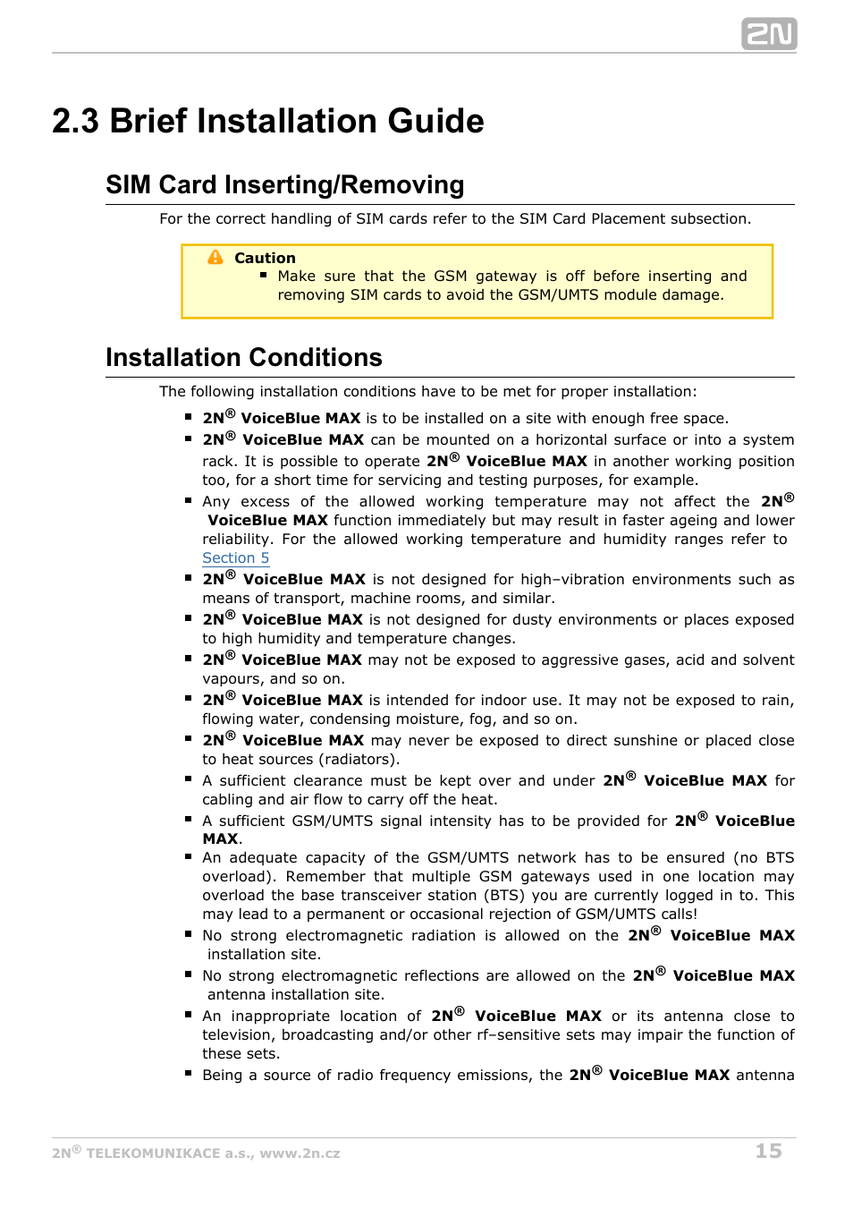 3 brief installation guide, Sim card inserting/removing, Installation conditions | 2N VoiceBlue MAX v1.1 User Manual | Page 15 / 104