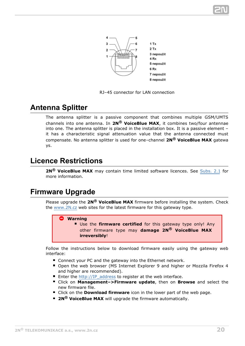 Antenna splitter, Licence restrictions, Firmware upgrade | 2N VoiceBlue MAX v1.1 User Manual | Page 20 / 104