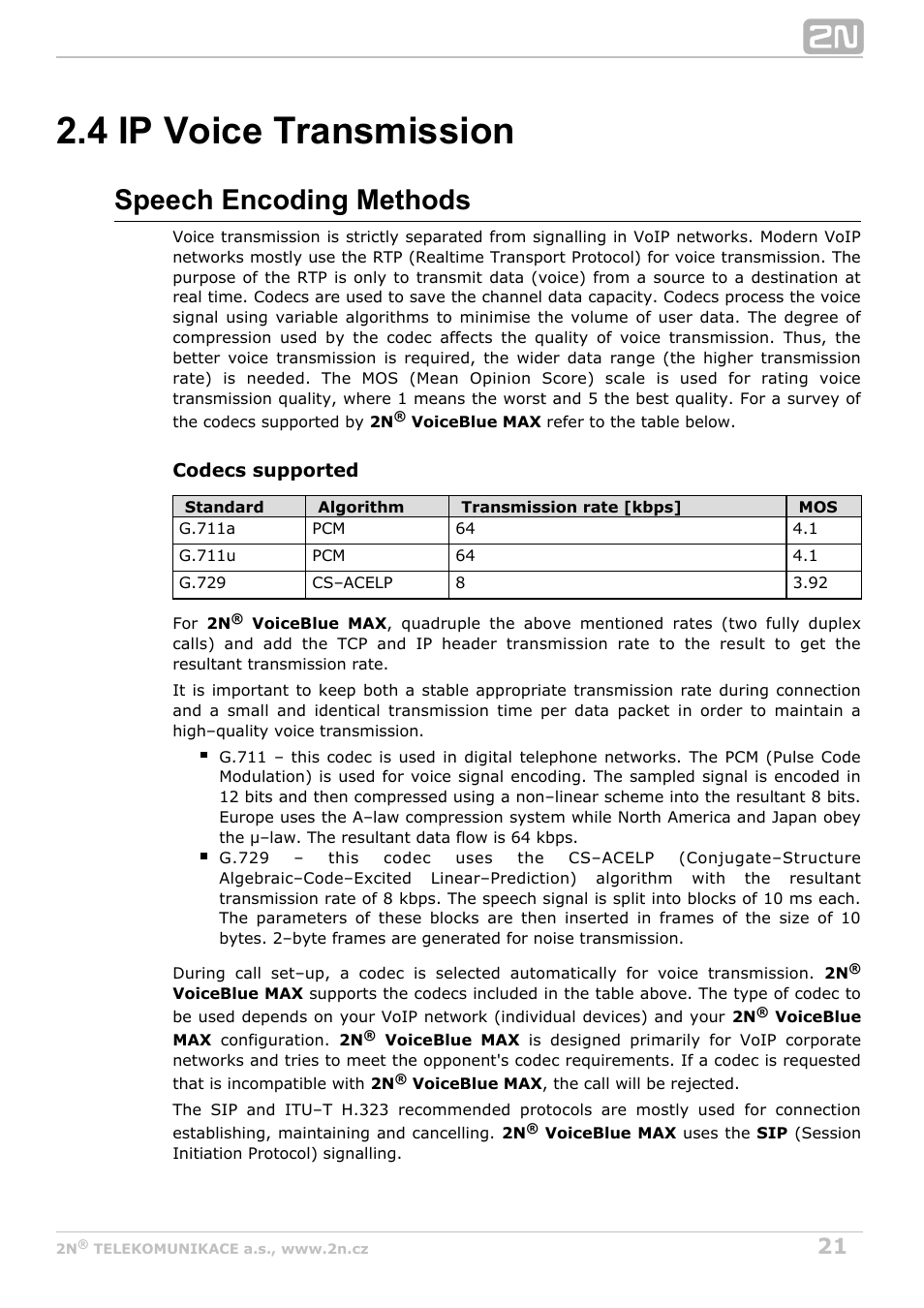 4 ip voice transmission, Speech encoding methods | 2N VoiceBlue MAX v1.1 User Manual | Page 21 / 104