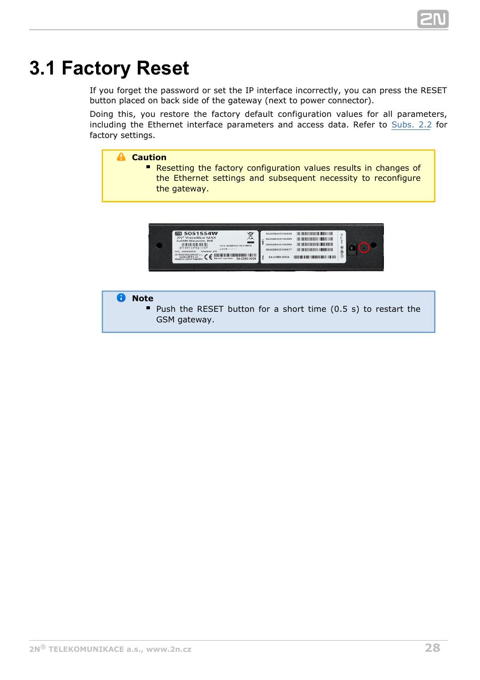 1 factory reset | 2N VoiceBlue MAX v1.1 User Manual | Page 28 / 104