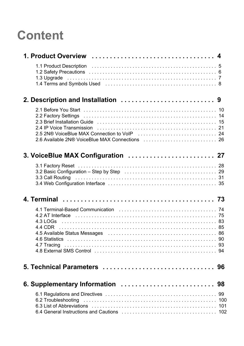 Content, Product overview, Description and installation | Voiceblue max configuration, Terminal, Technical parameters 6. supplementary information | 2N VoiceBlue MAX v1.1 User Manual | Page 3 / 104