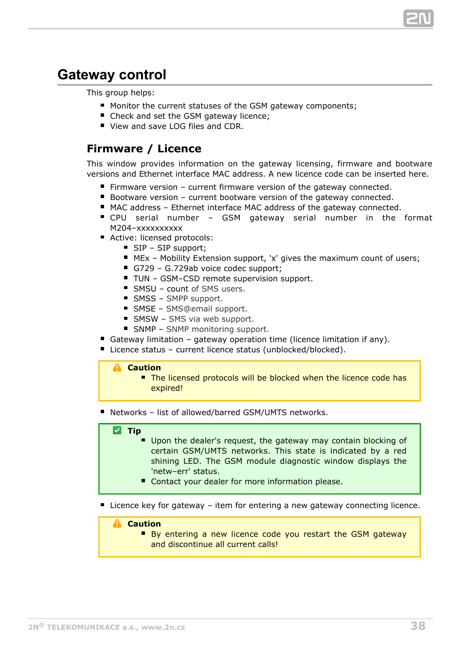 Gateway control, Firmware / licence | 2N VoiceBlue MAX v1.1 User Manual | Page 38 / 104