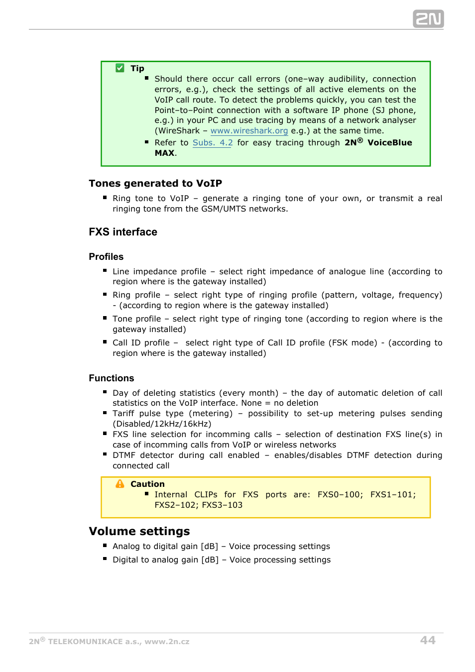 Volume settings, Fxs interface | 2N VoiceBlue MAX v1.1 User Manual | Page 44 / 104