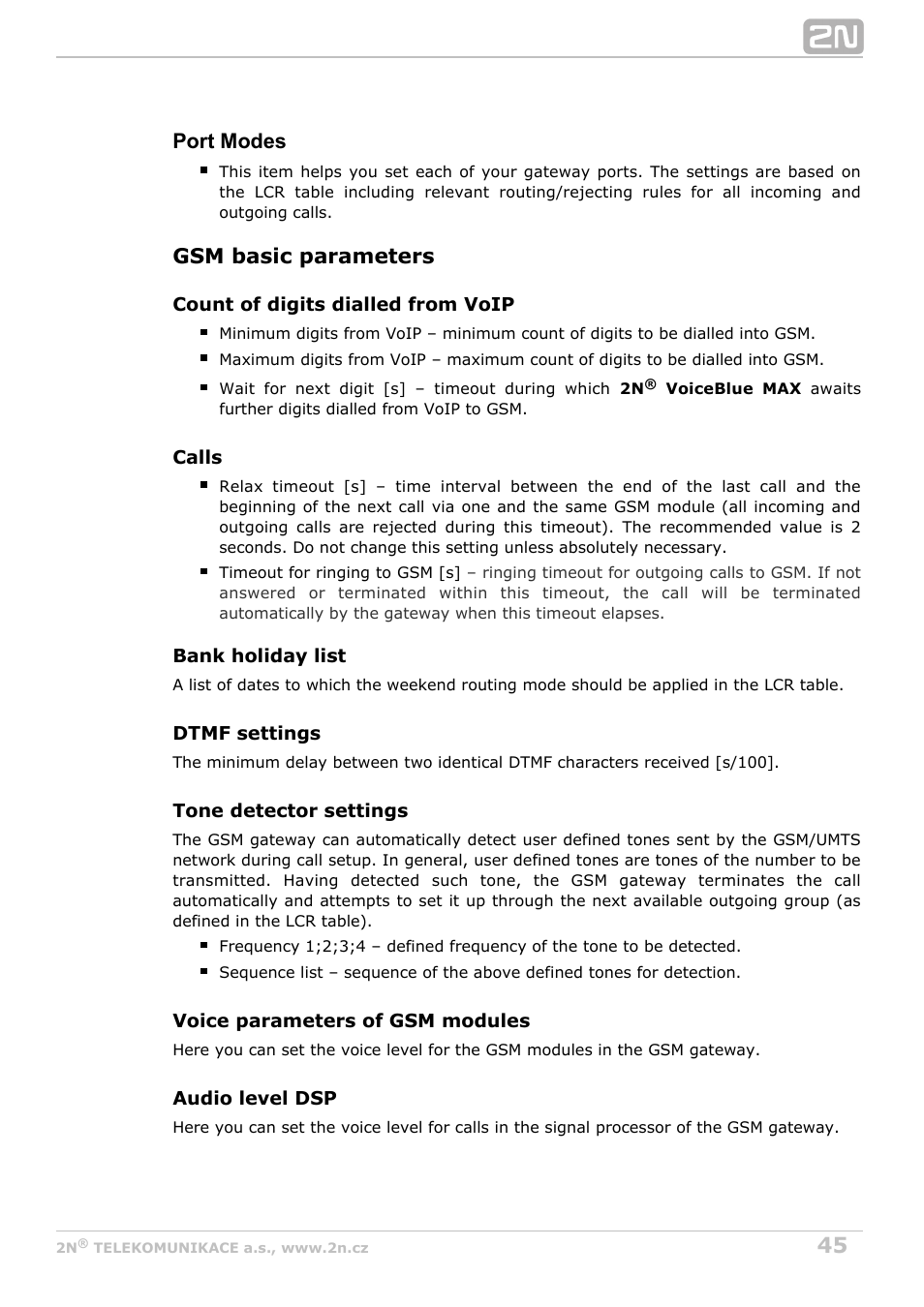 Port modes, Gsm basic parameters | 2N VoiceBlue MAX v1.1 User Manual | Page 45 / 104